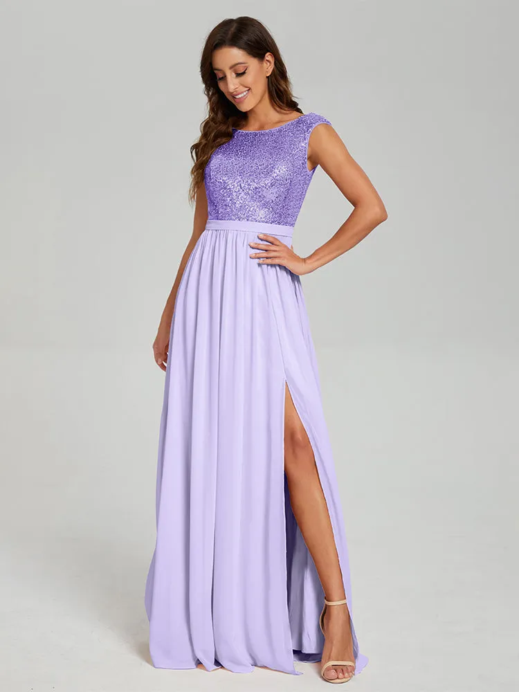 A-Line Round Neck Sequins Prom Dresses With Split