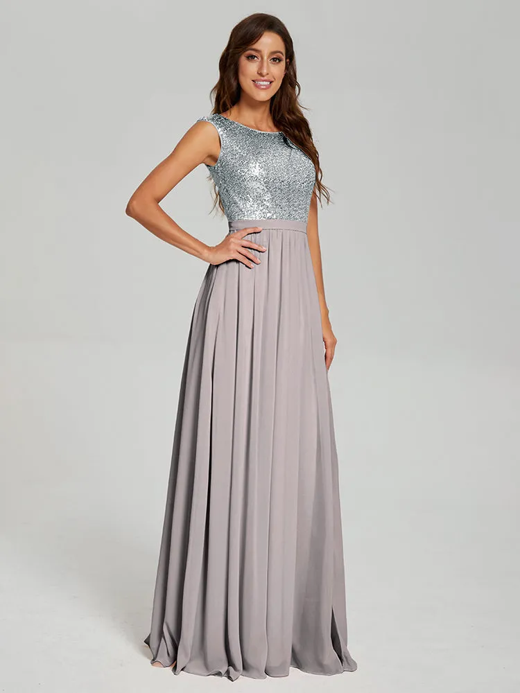 A-Line Round Neck Sequins Prom Dresses With Split