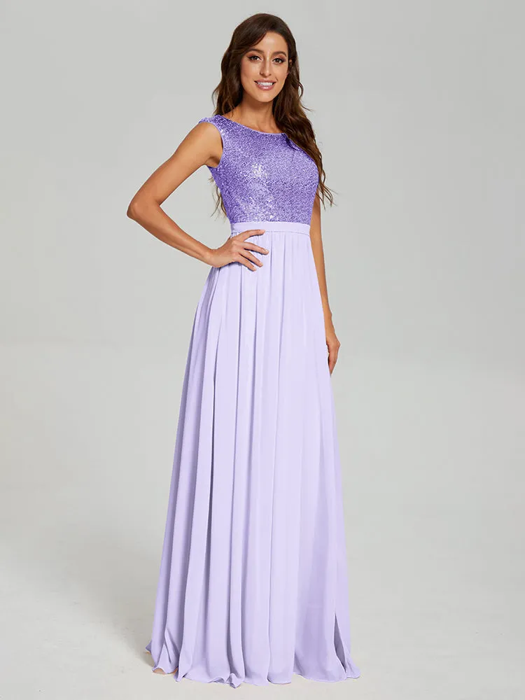 A-Line Round Neck Sequins Prom Dresses With Split