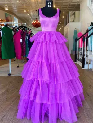 A Line Ruffles Purple Tulle Long Prom Dress