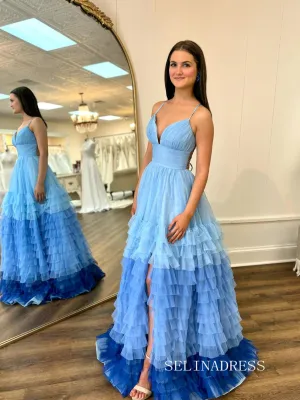 A-line Sky Blue Ombre Tiered Tulle Long Prom Dress With Slit SEW1152