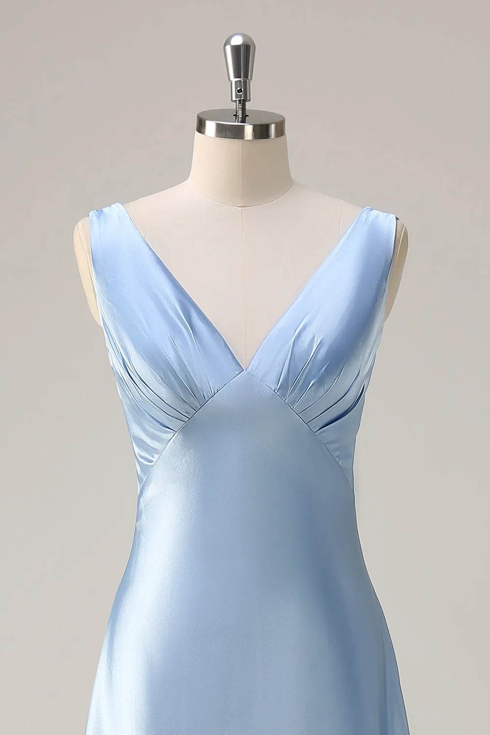 A Line Sky Blue V Neck Satin Bridesmaid Dress