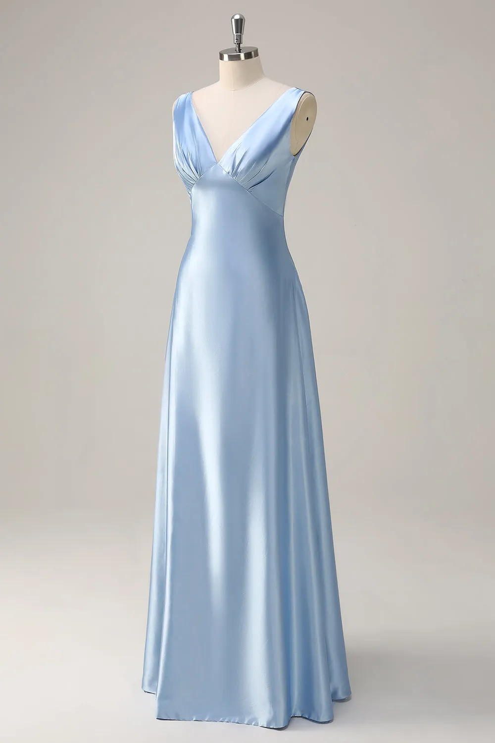 A Line Sky Blue V Neck Satin Bridesmaid Dress