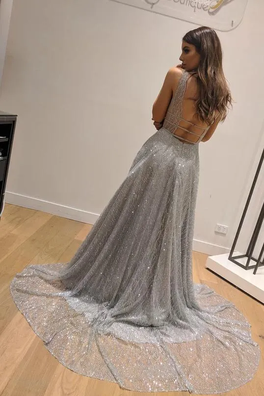 A-Line Sleeveless Silver Backless Fashion Custom Unique Design Long Prom Dresses UQ2247