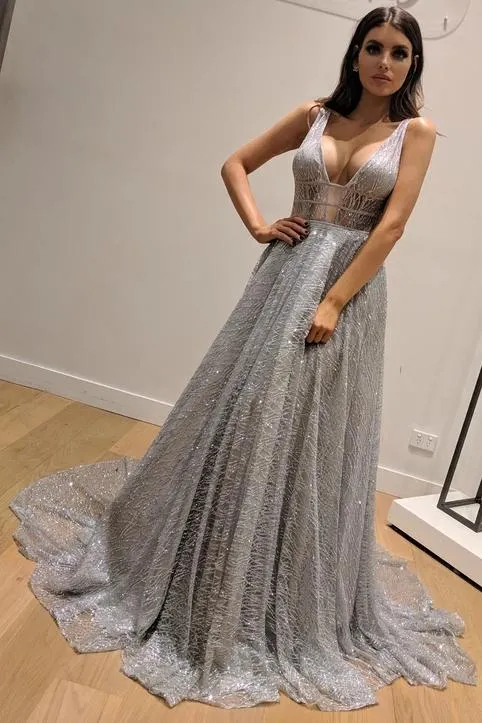 A-Line Sleeveless Silver Backless Fashion Custom Unique Design Long Prom Dresses UQ2247