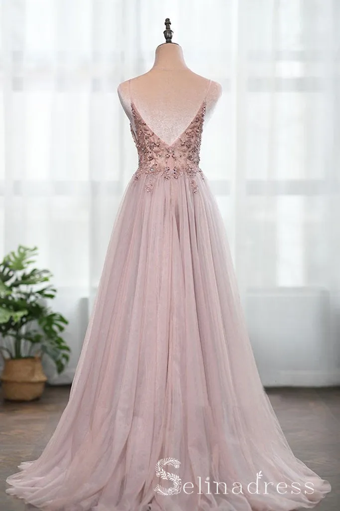 A-line Spaghetti Straps Beaded Long Prom Dress Dust Pink Gorgeous Formal Pageant Evening Dress SED049