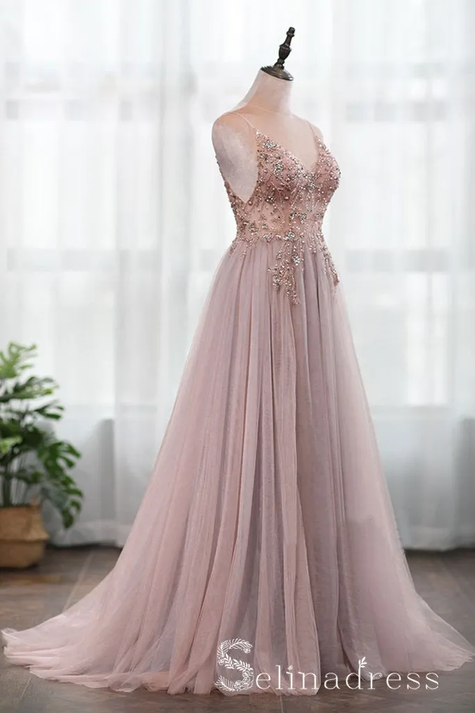 A-line Spaghetti Straps Beaded Long Prom Dress Dust Pink Gorgeous Formal Pageant Evening Dress SED049