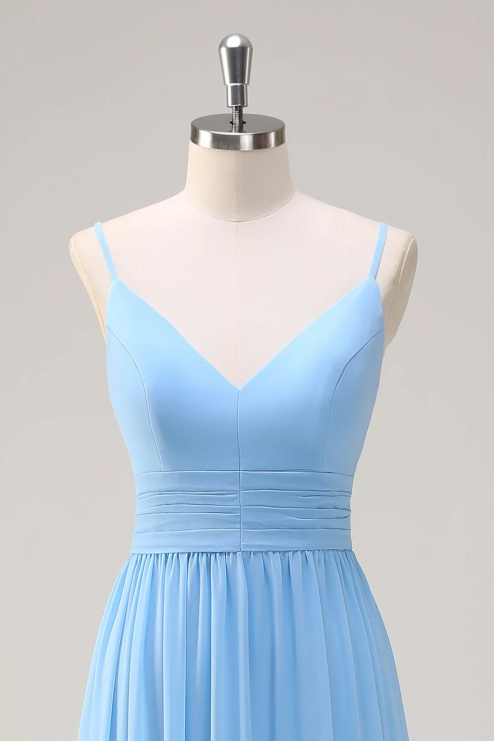 A Line Spaghetti Straps Chiffon Ruffles Blue Bridesmaid Dress