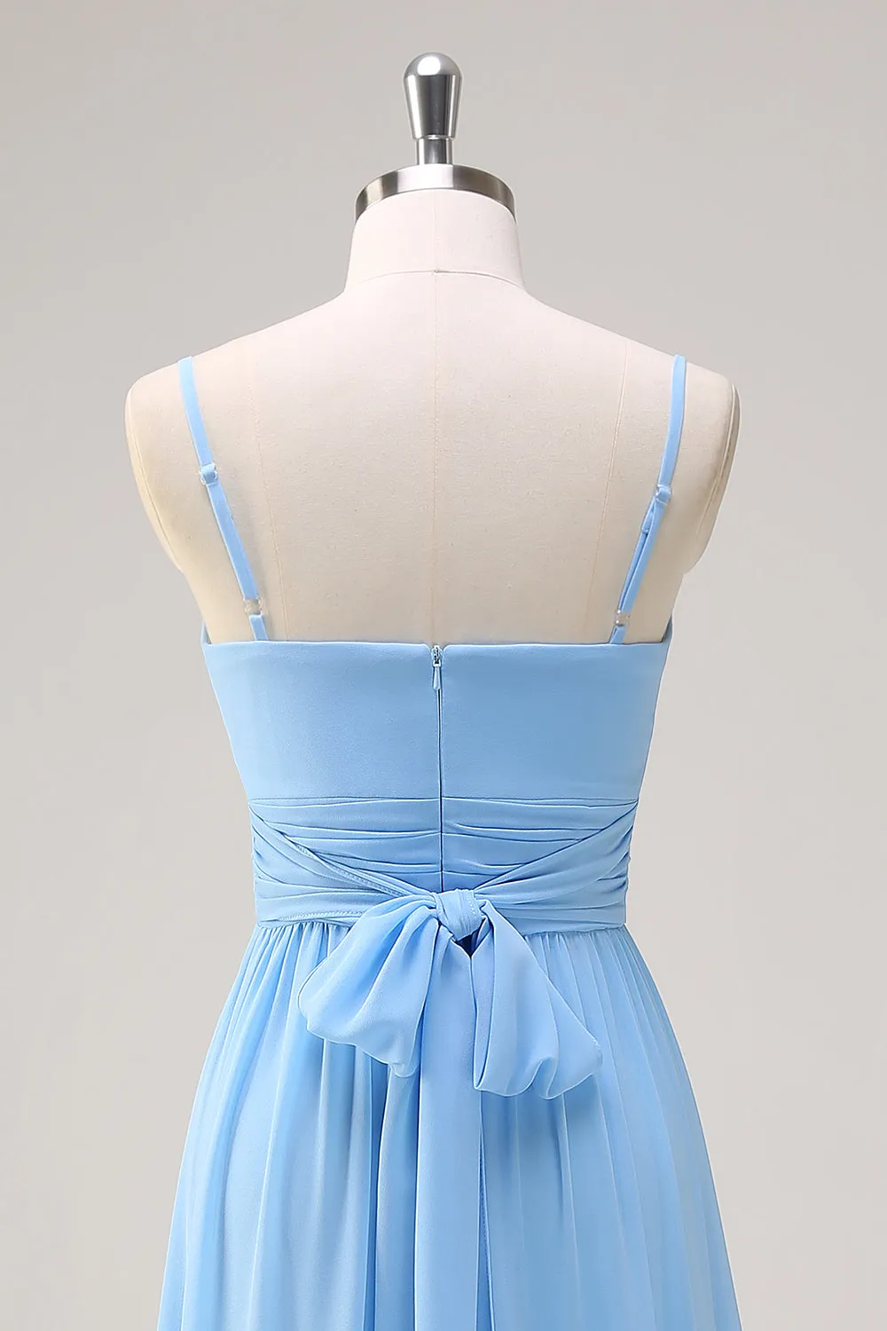 A Line Spaghetti Straps Chiffon Ruffles Blue Bridesmaid Dress