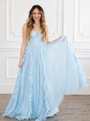 A-line Spaghetti Straps Light Sky Blue Chiffon Long Prom Dress sew1030