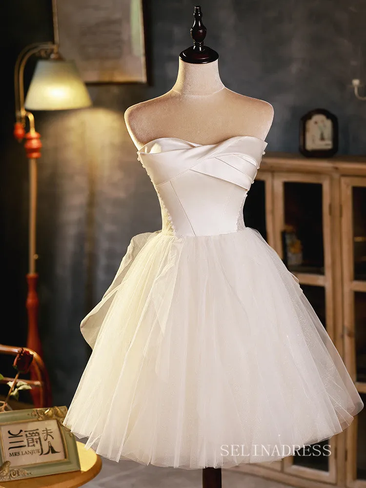 A-line Strapless Cute Homecoming Dress White Short Prom Dresses EDS010