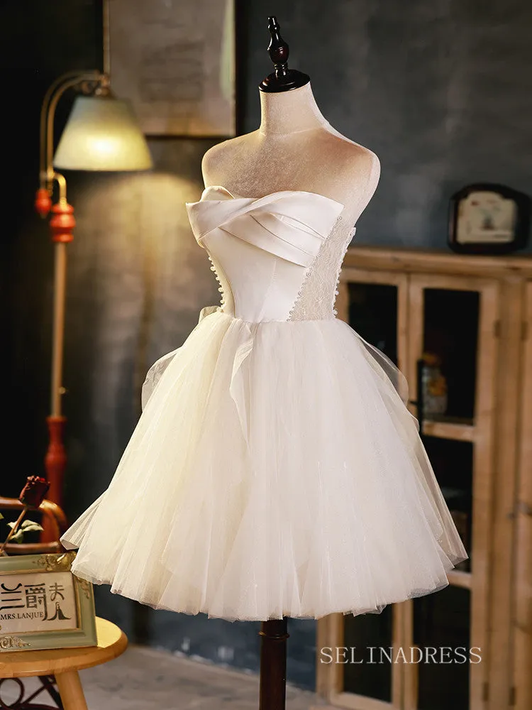 A-line Strapless Cute Homecoming Dress White Short Prom Dresses EDS010