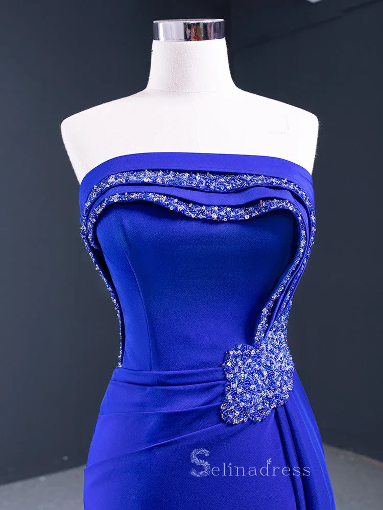 A-line Strapless Royal Blue Luxury Prom Dress Beaded Evening Gowns DWH67087