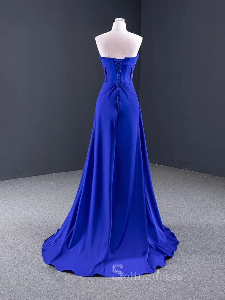 A-line Strapless Royal Blue Luxury Prom Dress Beaded Evening Gowns DWH67087