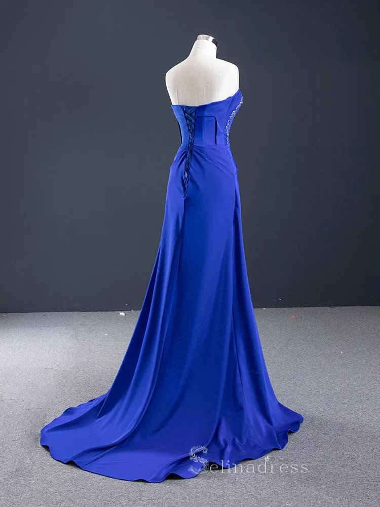 A-line Strapless Royal Blue Luxury Prom Dress Beaded Evening Gowns DWH67087