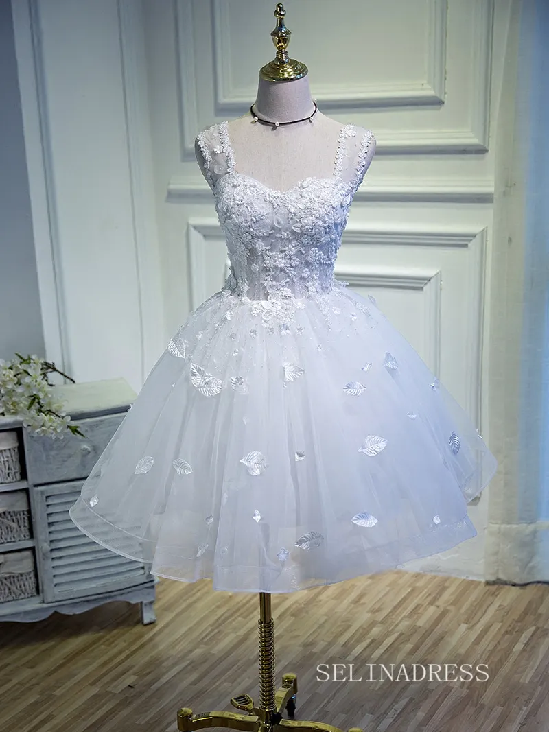 A-line Straps Cute Homecoming Dress White Lace Short Prom Dresses EDS008