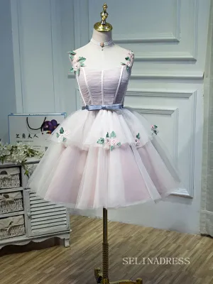 A-line Straps Cute Pink Homecoming Dress Floral Short Prom Dresses EDS007