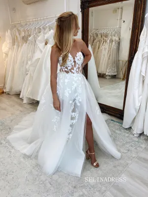 A-line Sweetheart Applique White Wedding Dress Backless Rustic Wedding Dresses JKSS52