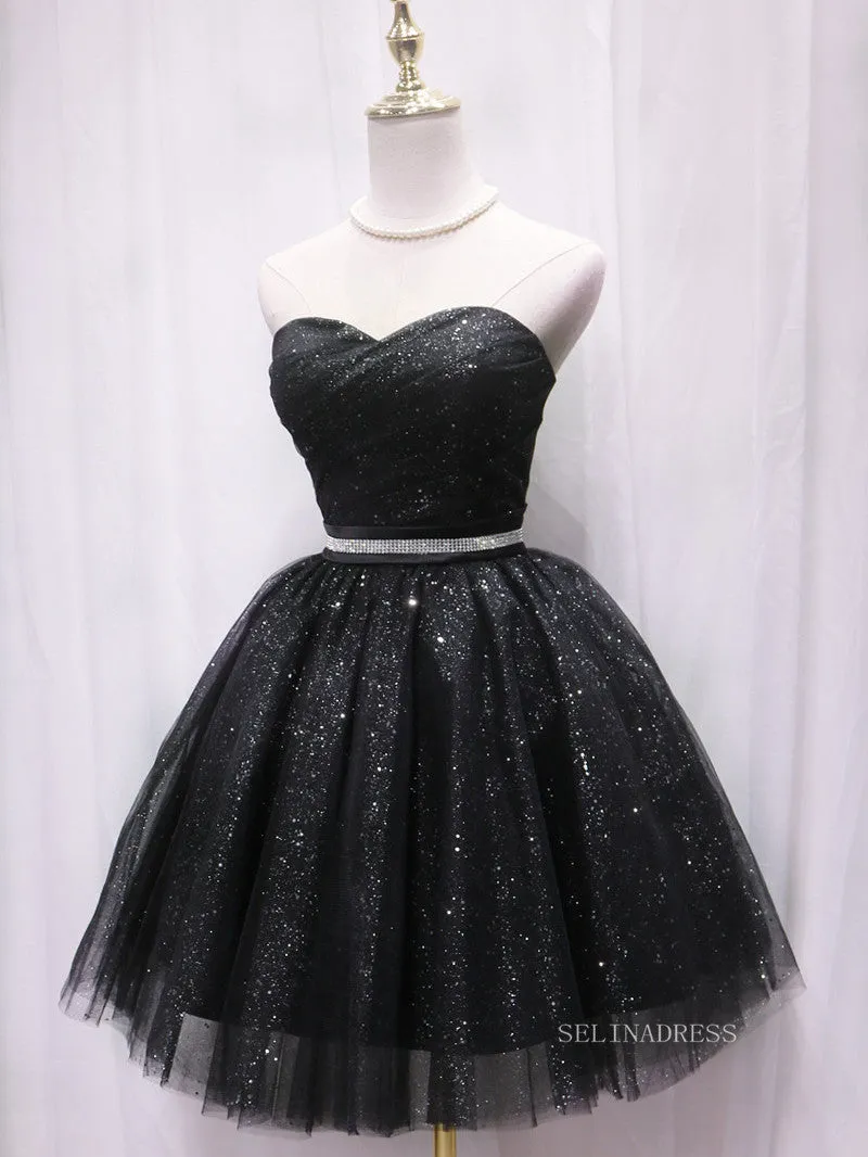 A-line Sweetheart Cute Homecoming Dress Sparkly Black Short Prom Dresses EDS029