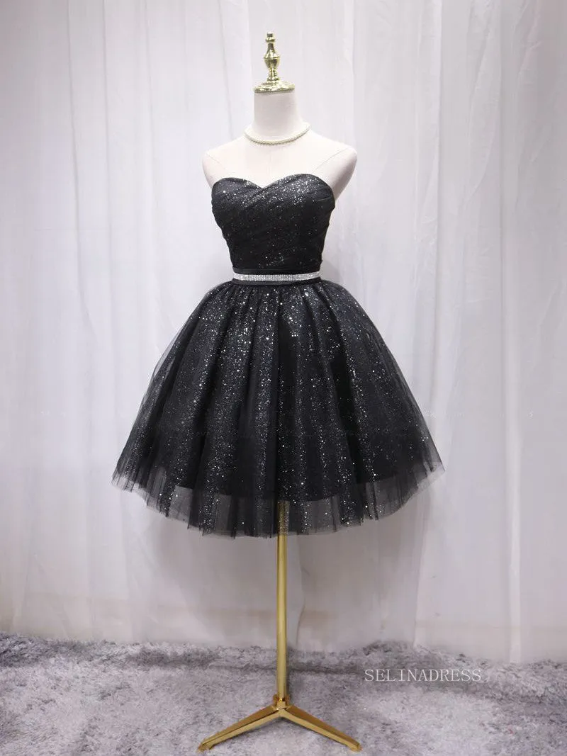 A-line Sweetheart Cute Homecoming Dress Sparkly Black Short Prom Dresses EDS029