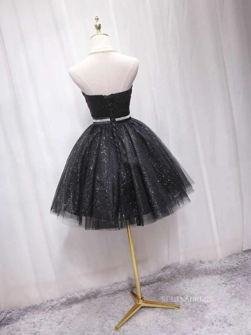 A-line Sweetheart Cute Homecoming Dress Sparkly Black Short Prom Dresses EDS029