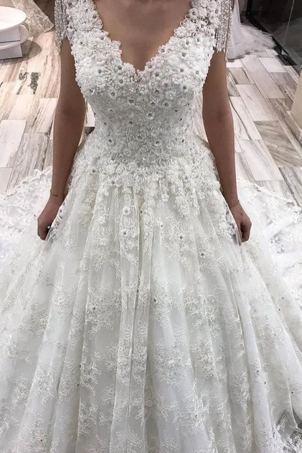 A-Line Tulle Off-the-Shoulder Long Wedding Dress With Lace Appliques