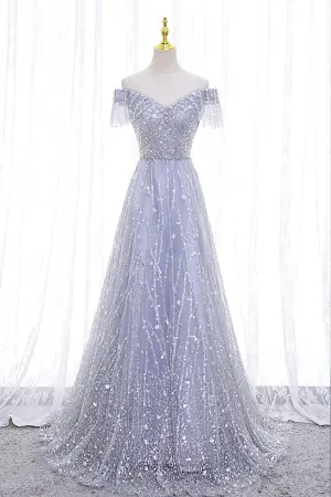 A-Line Tulle Sequins Long Prom Dress Off the Shoulder Evening Party Dress