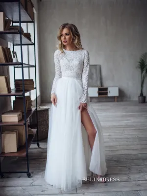 A-line Two Pieces White Wedding Dress Lace Long Sleeve Rustic Country Wedding Dresses KTC006