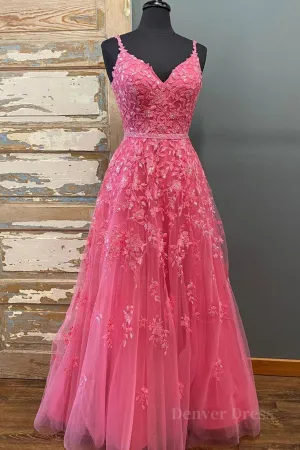 A Line V Neck Beaded Hot Pink Lace Long Prom Dress Hot Pink Lace Formal Graduation Evening Dress