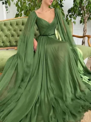 A line v neck chiffon green long prom dress, green long evening dress     S4953