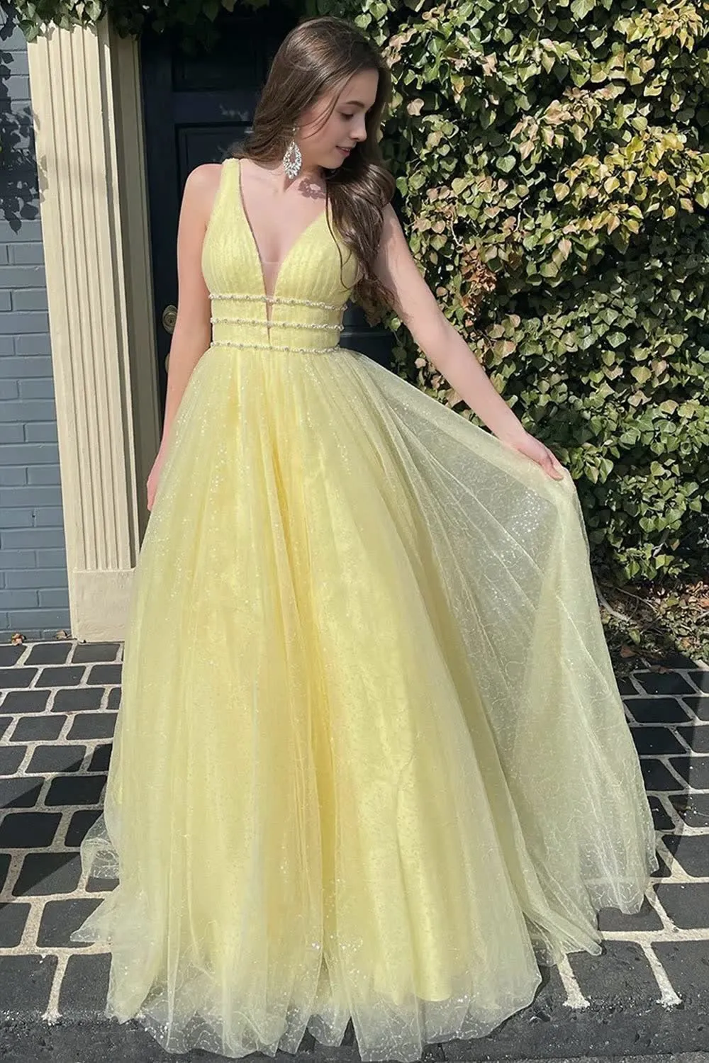 A-Line V Neck Glitter Tulle Prom Dress