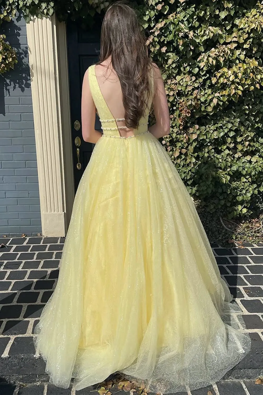 A-Line V Neck Glitter Tulle Prom Dress