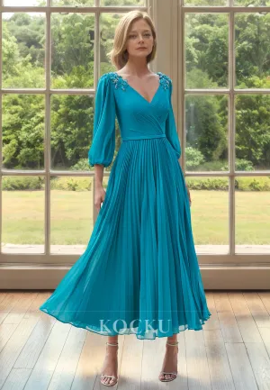 A-Line V-Neck Long Sleeves Ankle-Length Pleated Chiffon Mother of Groom with Appliques Cocktail Gowns