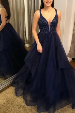 A Line V Neck Open Back Sleeveless Beaded Long Navy Blue Tulle Prom Dress GRD014