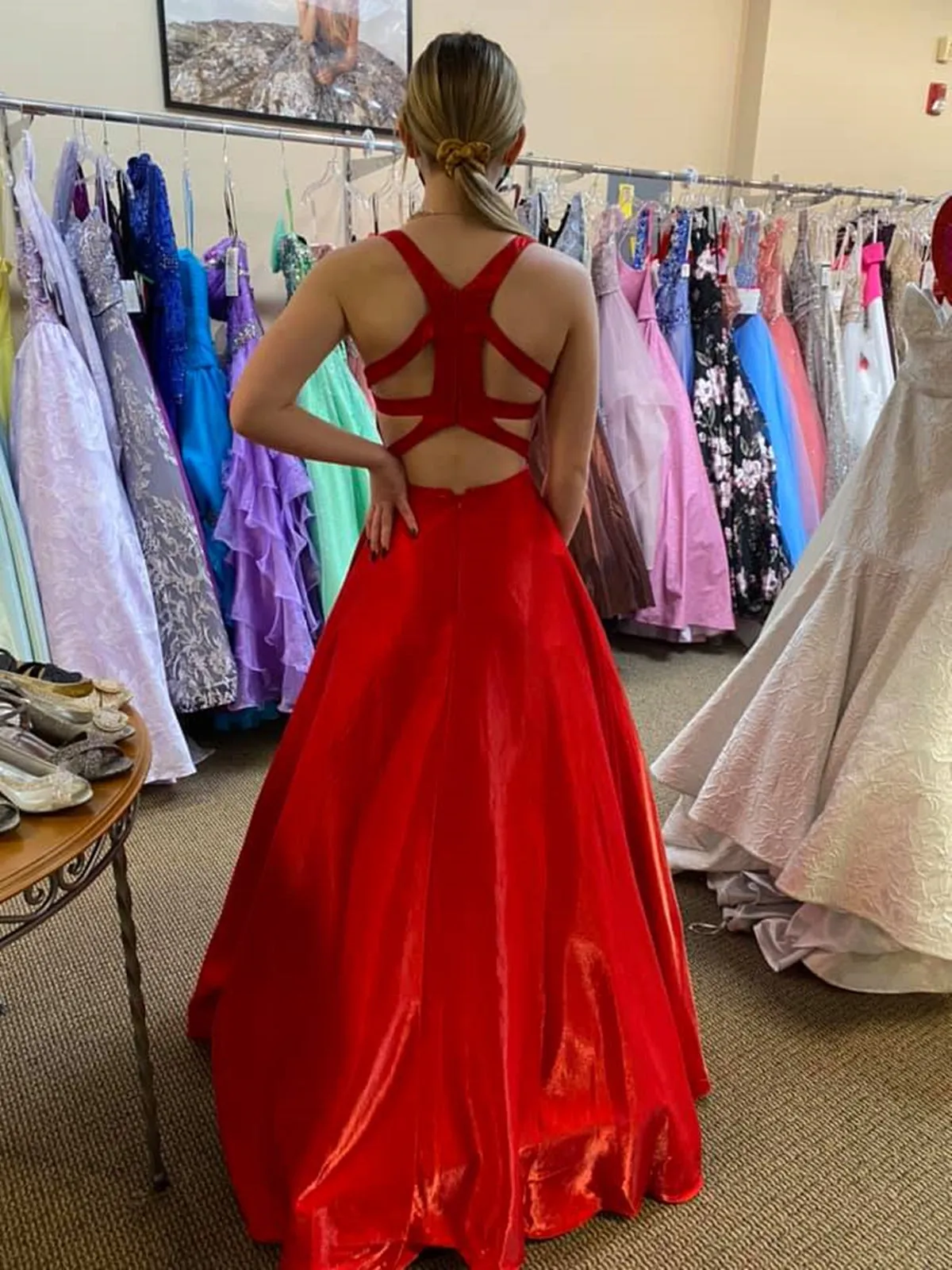 A Line V Neck Red Satin Long Prom Dresses with Pocket, V Neck Red Formal Graduation Evening Dresses