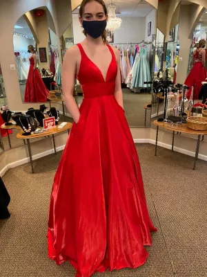 A Line V Neck Red Satin Long Prom Dresses with Pocket, V Neck Red Formal Graduation Evening Dresses