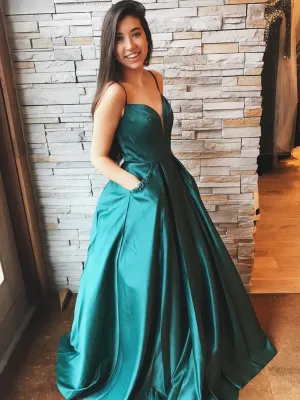 A Line V Neck Satin Long Emerald Green Prom Dresses with Pocket, V Neck Emerald Green Formal Dresses, Emerald Green Evening Dresses, Ball