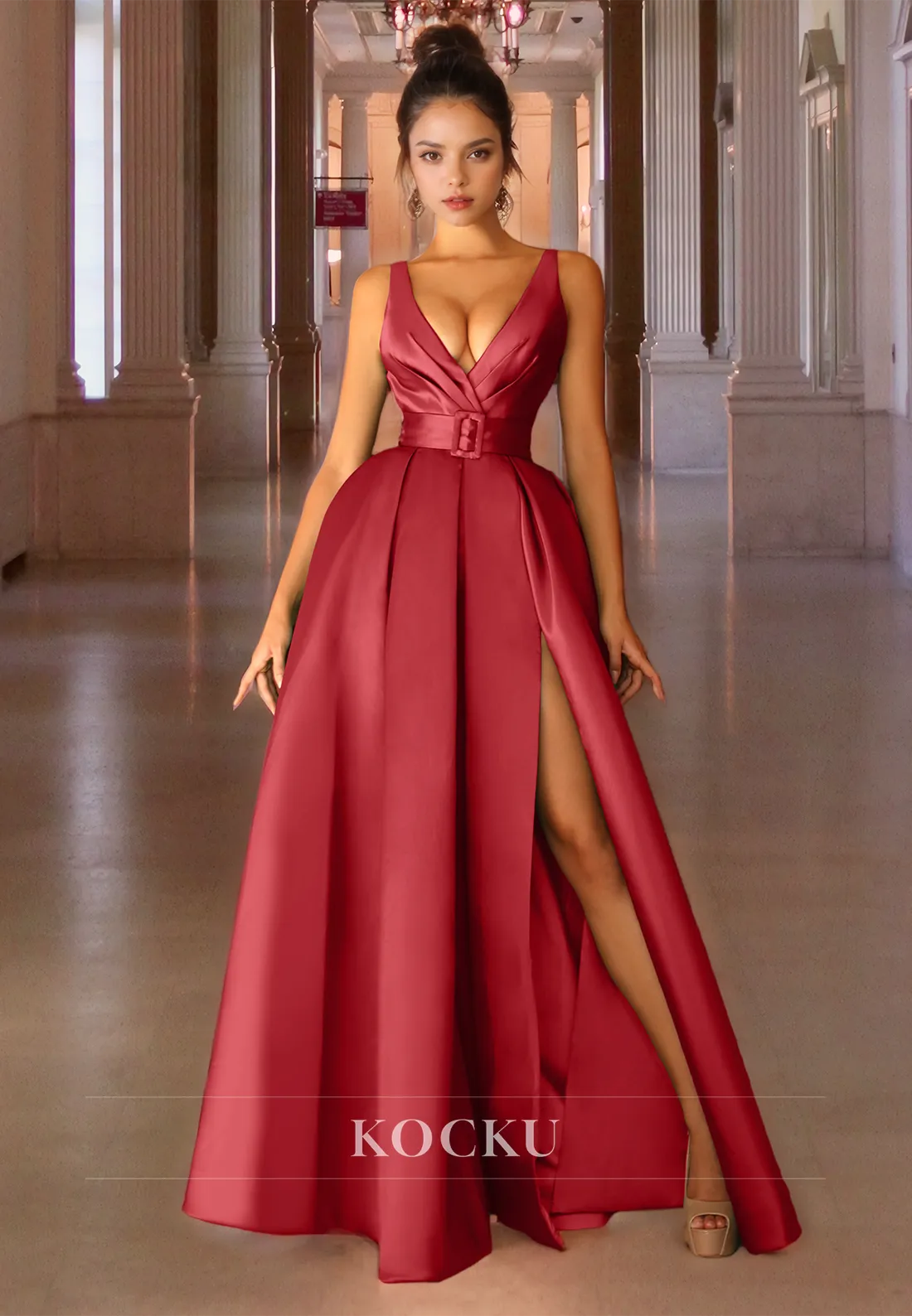 A-Line V-Neck Spaghettti Straps High Split Satin Floor-Length Prom Dress with Belt Party Dress