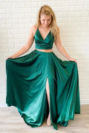 A Line V Neck Two Pieces Backless Green Satin Long Prom Dresses with Leg Slit, Two Pieces Green Formal Dresses, Green Evening Dresses