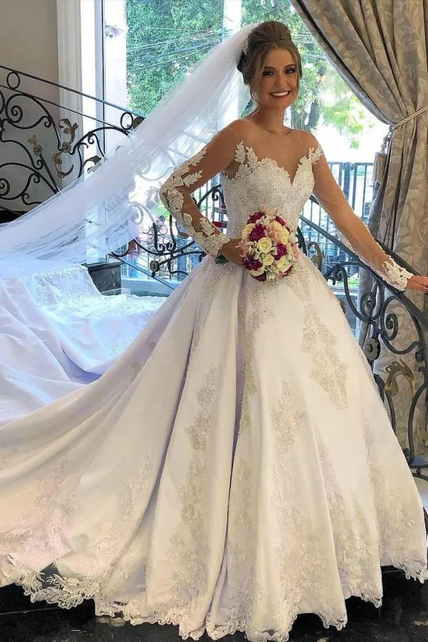 A-line Wedding Dress With Long Sleeves Satin Sweetheart Neckline