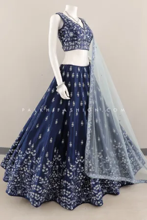 A Majestic Marvel: Designer Petrol Blue Lehenga Choli with Handwork-Palkhi Fashion