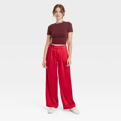 A New Day Women's Plus Wide Leg Casual High Rise Satin Pants