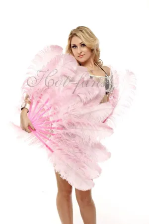 A pair pink Single layer Ostrich Feather fan 24"x 41" with leather travel Bag