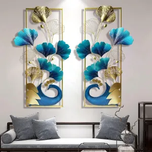 A4 METAL CREATION Metal Wall Art Decor 3D Peacock and Ginkgo Leaf Metal Wall Hanging Sculpture Natural Home Art Decorations for Home Office Living Room Bathroom (87x46cm, 2 Pcs)