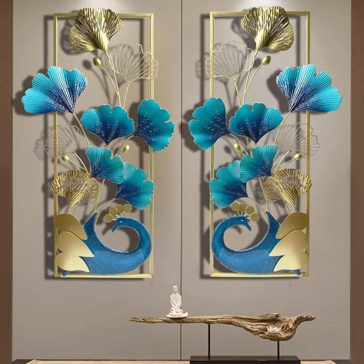 A4 METAL CREATION Metal Wall Art Decor 3D Peacock and Ginkgo Leaf Metal Wall Hanging Sculpture Natural Home Art Decorations for Home Office Living Room Bathroom (87x46cm, 2 Pcs)