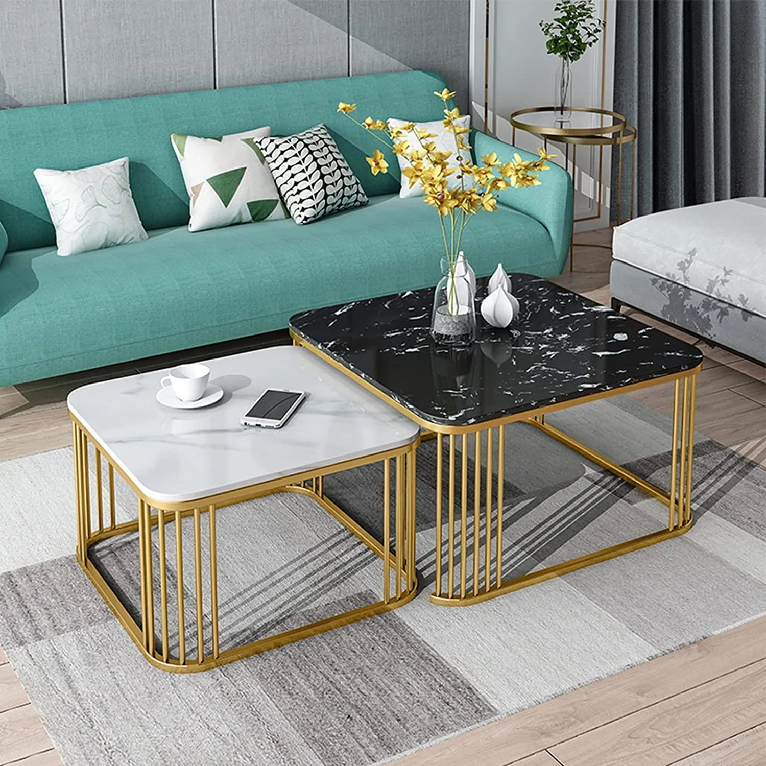 Aaliya Mart Square Tea Coffee Table Set, 2 Piece Nesting Stacking Center Table for Living Room - Stylish End Tables for Bedroom or Apartments (Multicolour)