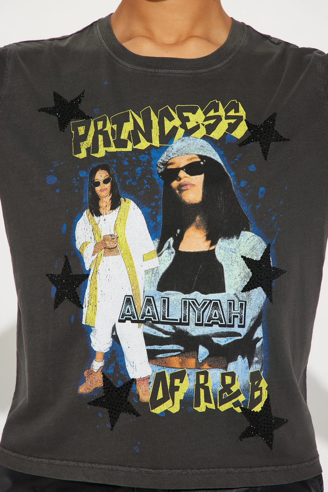 Aaliyah Rhinestone Stars Graphic Tee - Black Wash