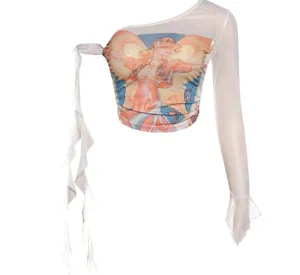 A&A Asymmetrical Sheer Print Crop Tops