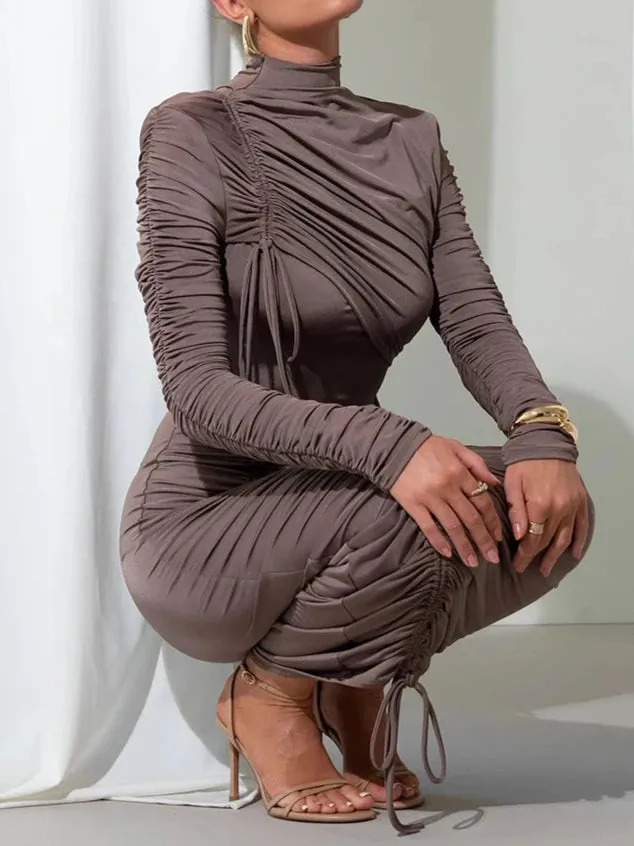 A&A Long Sleeve Ruched Drawstring Turtleneck Bodycon Dress