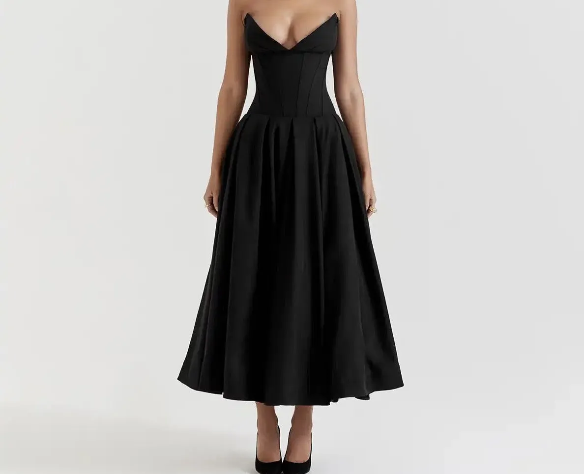 A&A Luxe V Neck Strapless Pleated Dress